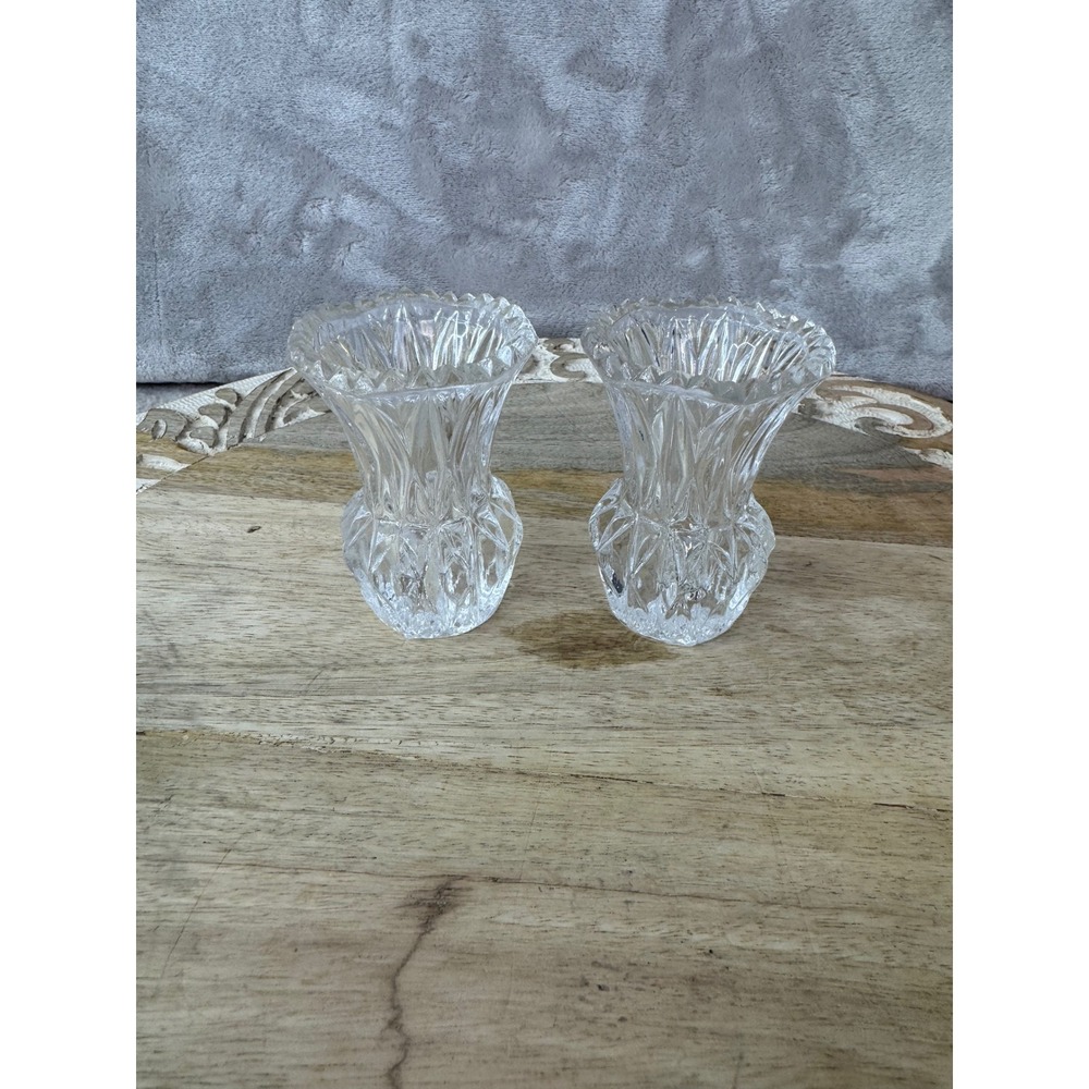 Set of 2 Clear Cut Crystal Miniature Thistle Bud Vases 3.25 Inch Small Glass Set